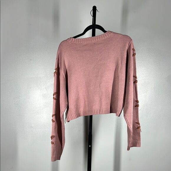 Altar'd State Pink Crew Neck Sweater with Flower Sleeves - Picture 2 of 8